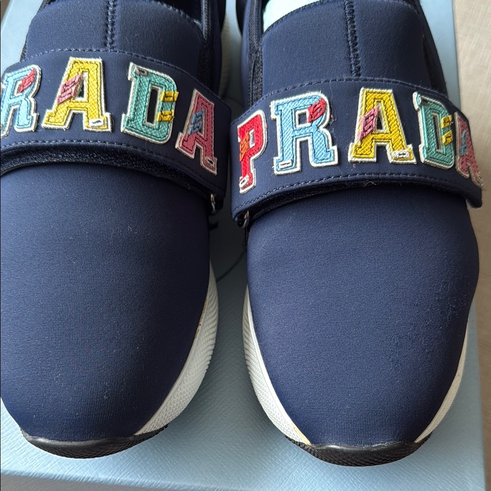 Prada Navy Sneakers with Multicolor Logo - Picture 5 of 8